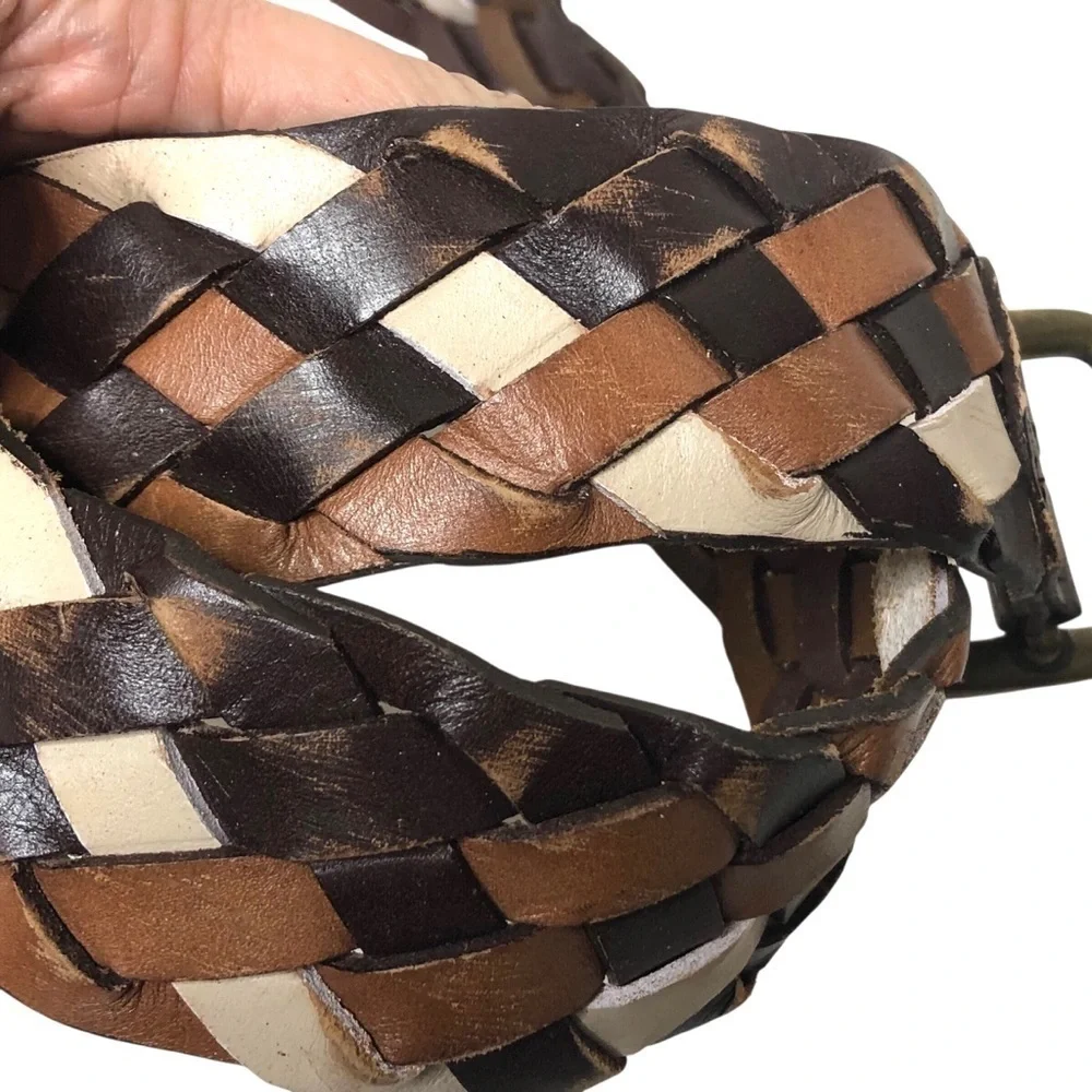 Y2K Rolfs Braided Wide Leather Belt XL Brown White Wide Boho Western Festival